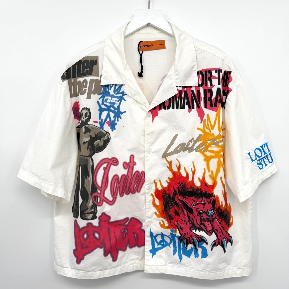 Loiter Shirt Mens Medium Scrap Book Button Up Punk Skater Graffiti Streetwear
